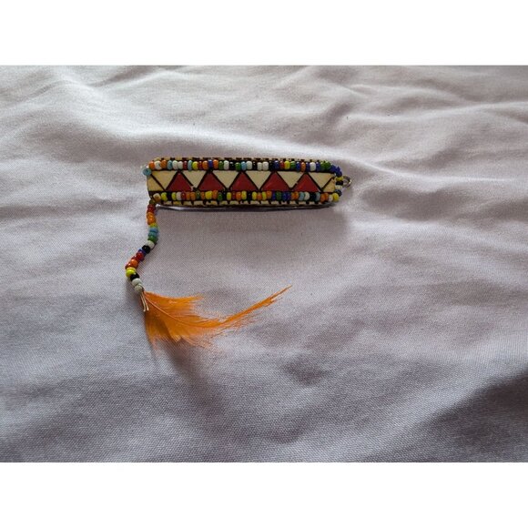 Handcrafted Beaded Hair Clip Barrette Feather Accent - Multicolor Tribal Pattern - Picture 1 of 3